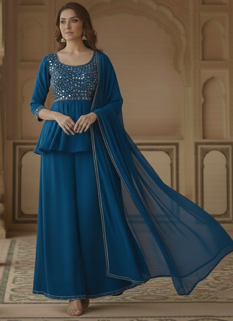 Green Faux Georgette Resham Sequins Mirror Work Palazzo Suit Festive Wear