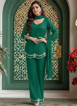 Green Faux Georgette Resham Stones Embroidered Palazzo Set