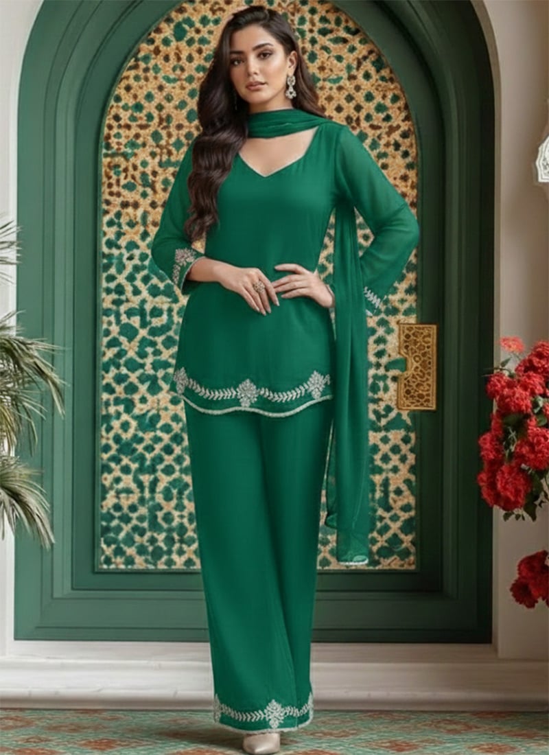 Green Faux Georgette Resham Stones Embroidered Palazzo Set Festive Wear