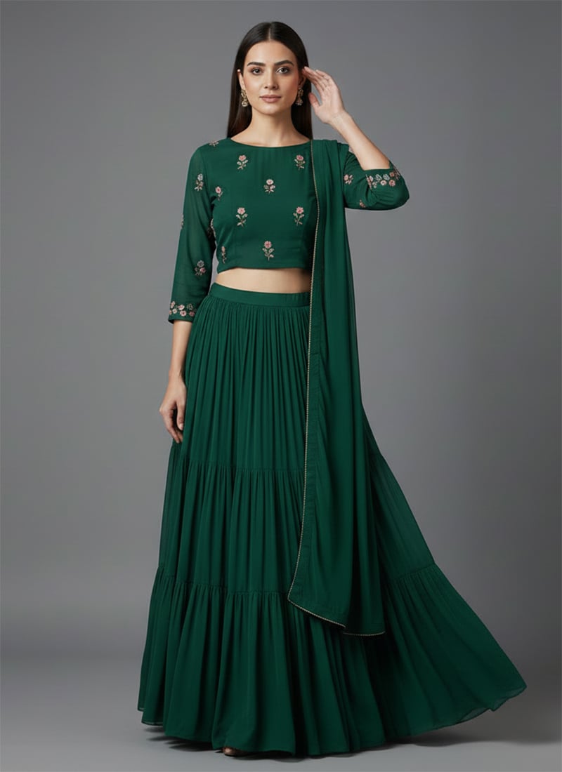 Green Faux Georgette Resham Stones Lehenga Festive Wear