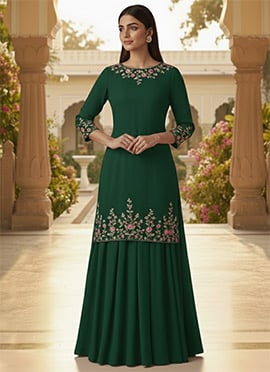 Green Faux Georgette Resham Stones Long Choli Lehenga