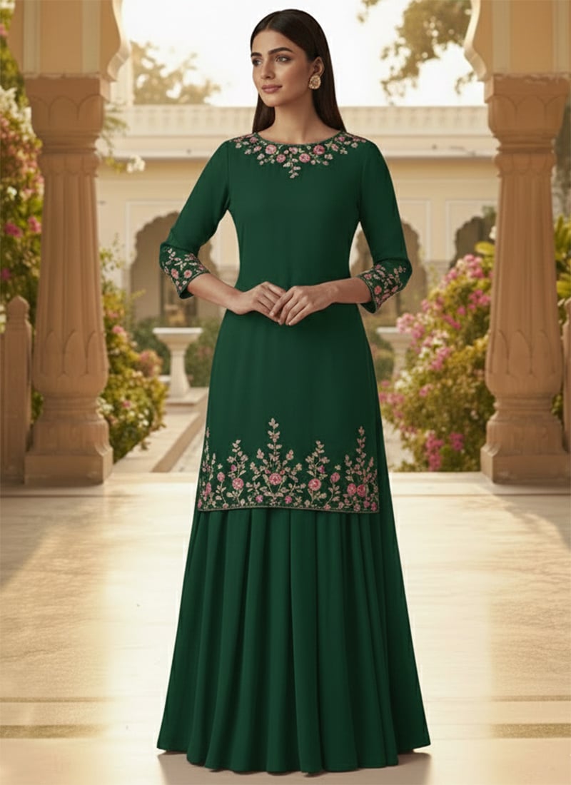 Green Faux Georgette Resham Stones Long Choli Lehenga Festive Wear