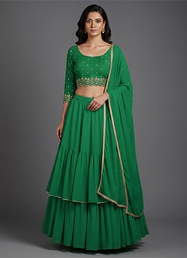 Green Faux Georgette Resham Zari Work Lehenga