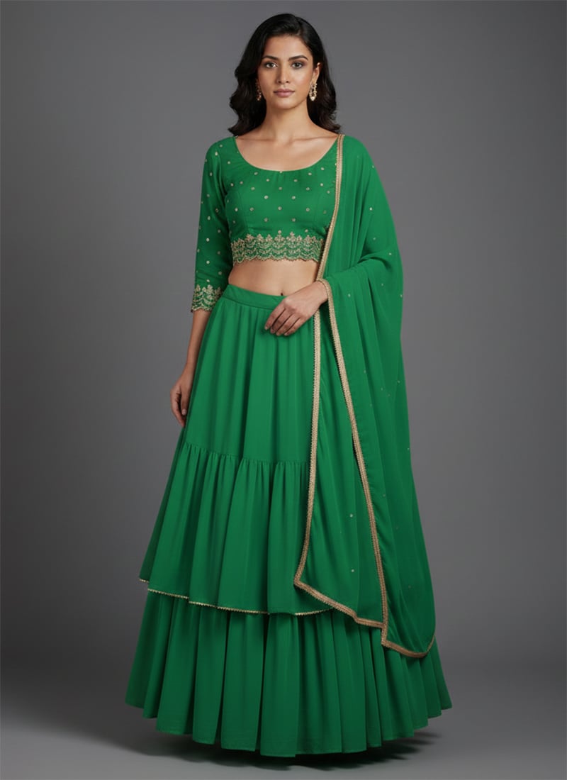 Green Faux Georgette Resham Zari Work Lehenga Wedding Wear