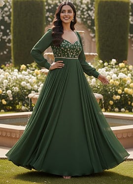 Green Faux Georgette Sequins And Zari Anarkali Suit