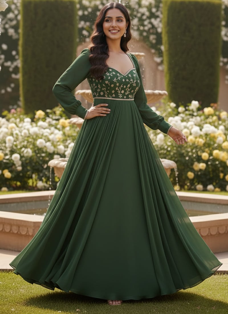 Green Faux Georgette Sequins And Zari Anarkali Suit Festive Wear