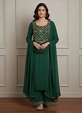 Green Faux Georgette Sequins And Zari Palazzo Suit