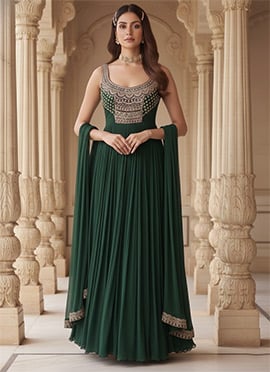 Green Faux Georgette Sequins Beads Hand Embroidered Abaya Style Anarkali Suit