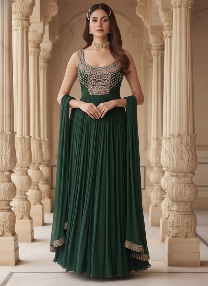Green Faux Georgette Sequins Beads Hand Embroidered Abaya Style Anarkali Suit Wedding Wear