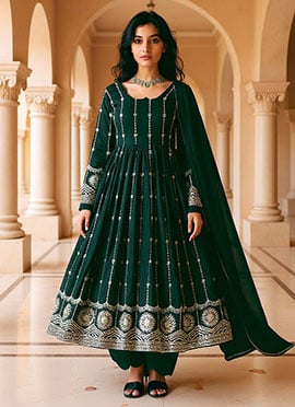 Green Faux Georgette Sequins Embroidered Anarkali Suit