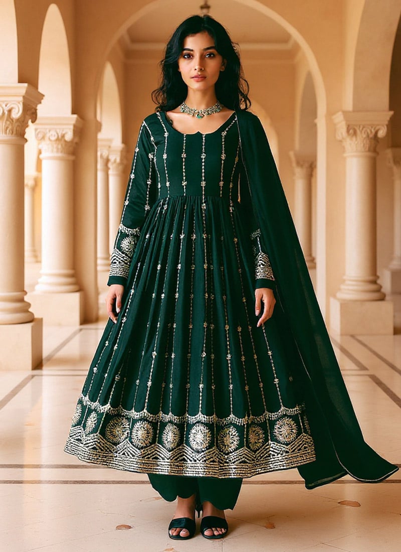 Green Faux Georgette Sequins Embroidered Anarkali Suit Festive Wear