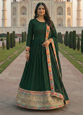 Green Faux Georgette Sequins Embroidered Anarkali Suit