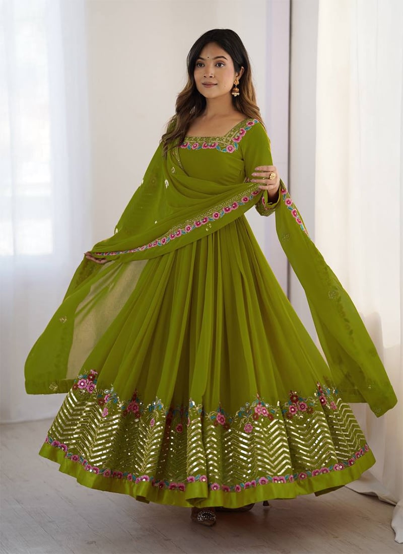 Green Faux Georgette Sequins Embroidered Anarkali Suit Festive Wear