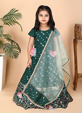 Green Faux Georgette Sequins Embroidered Kids Girls A Line Lehenga