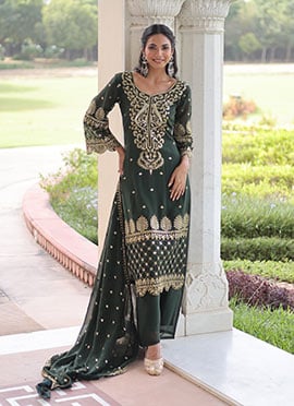 Green Faux Georgette Sequins Embroidered Palazzo Suit