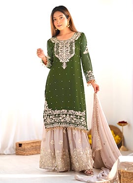 Green Faux Georgette Sequins Embroidered Palazzo Suit