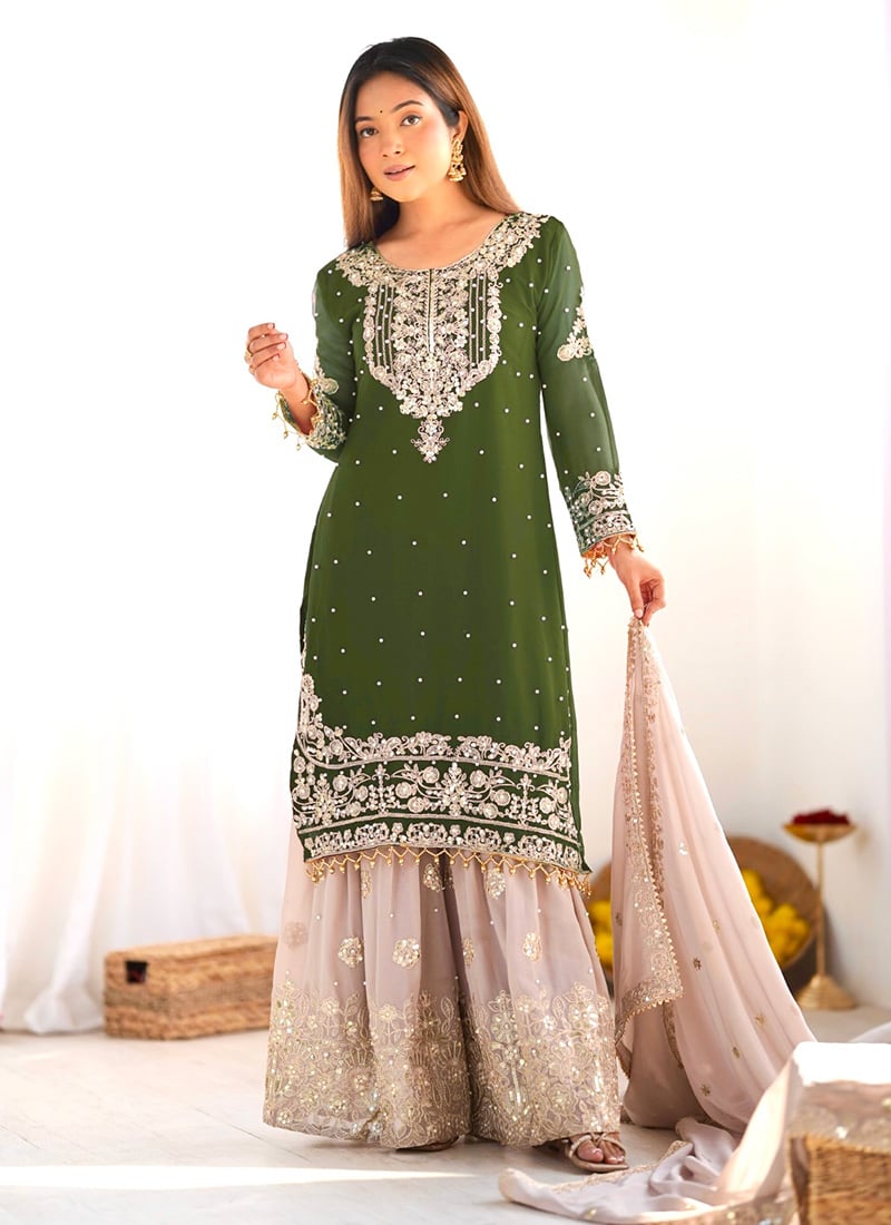 Green Faux Georgette Sequins Embroidered Palazzo Suit Festive Wear