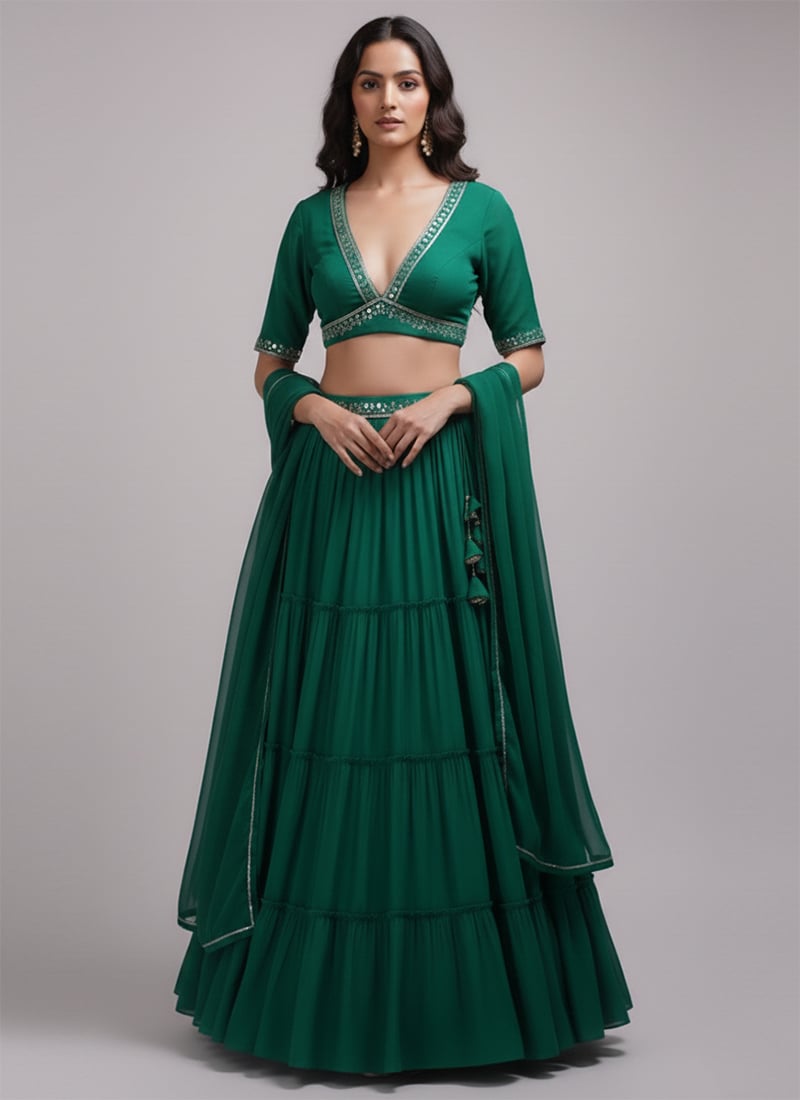 Green Faux Georgette Sequins Hand Embroidered Lehenga Wedding Wear