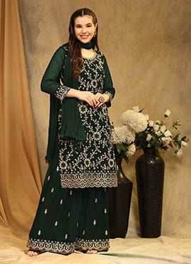 Green Faux Georgette Sequins Palazzo Suit