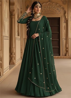Green Faux Georgette Sequins Zari Abaya Style Anarkali Suit