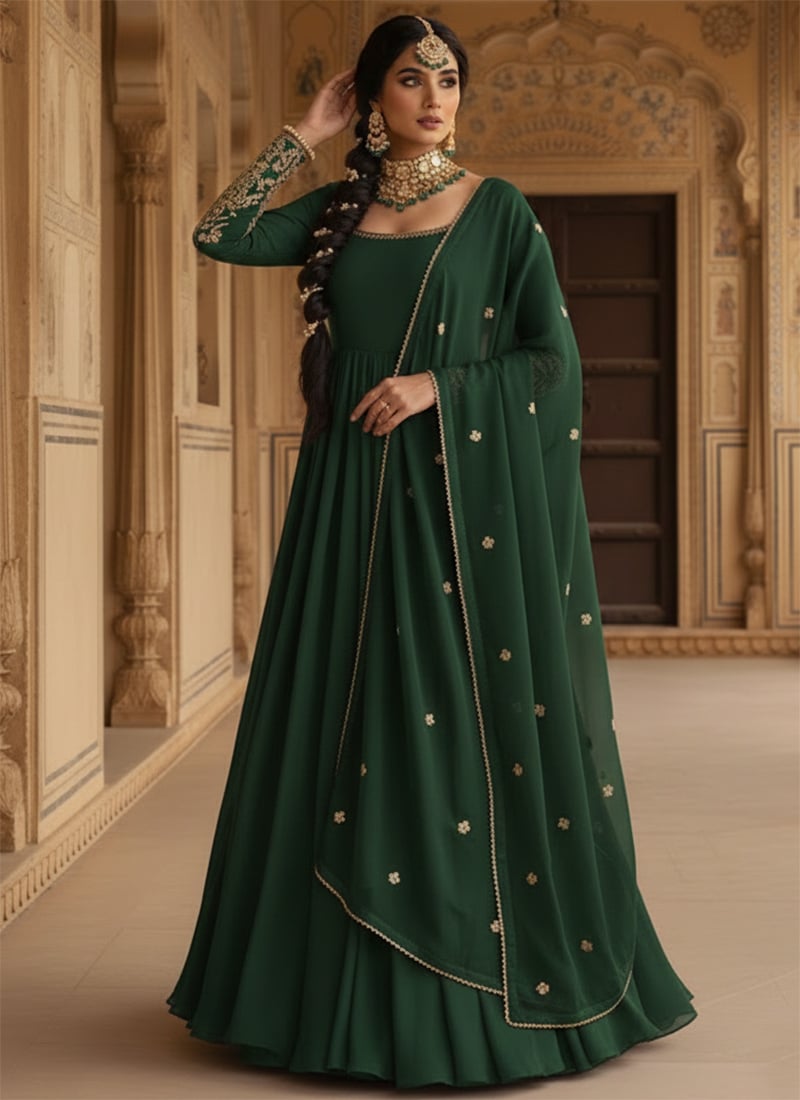 Green Faux Georgette Sequins Zari Abaya Style Anarkali Suit Wedding Wear