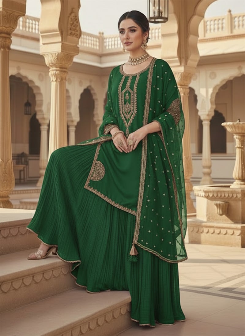 Green Faux Georgette Sequins Zari Long Choli Lehenga Set Festive Wear
