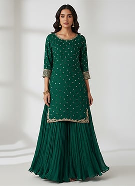 Green Faux Georgette Sequins Zari Long Choli Lehenga Set