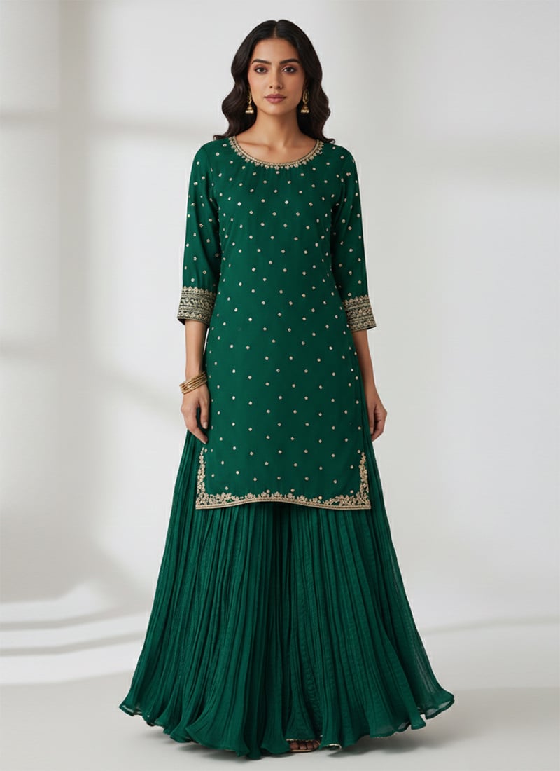 Green Faux Georgette Sequins Zari Long Choli Lehenga Set Festive Wear