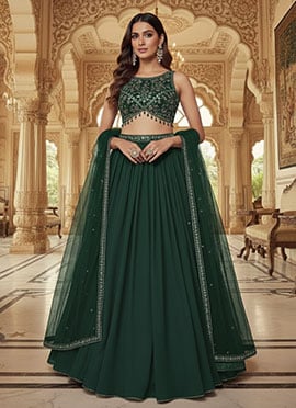 Green Faux Georgette Sequins Zari Stones Work Lehenga