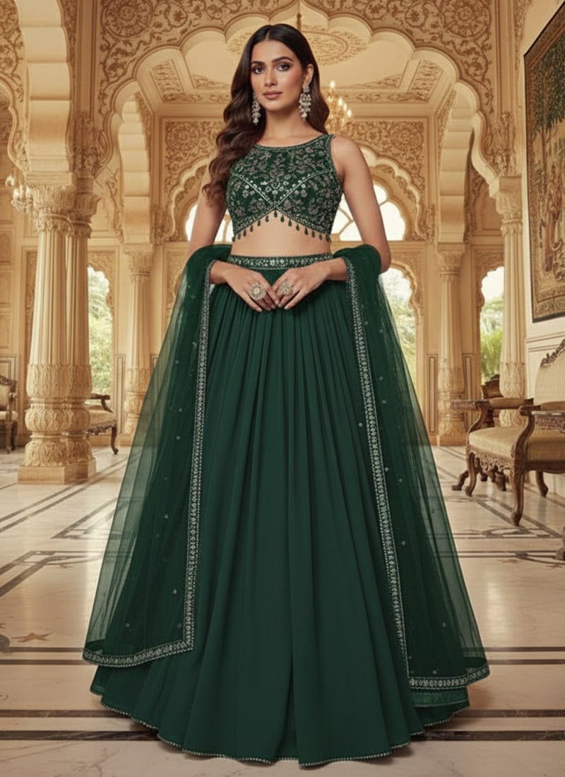 Green Faux Georgette Sequins Zari Stones Work Lehenga Wedding Wear