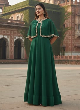 Green Faux Georgette Stones Poth Work Gown