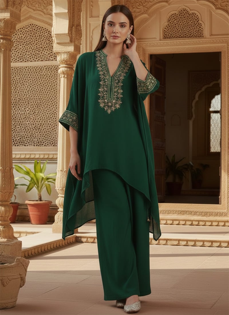 Green Faux Georgette Stones Zari Rangoli Indowestern Set After Six Wear