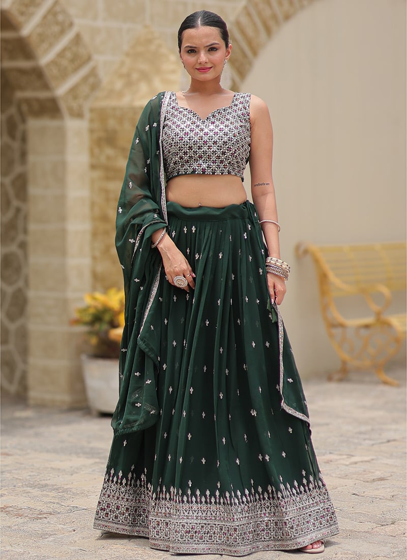 Green Faux Georgette Thread Embroidered And Sequins A Line Lehenga