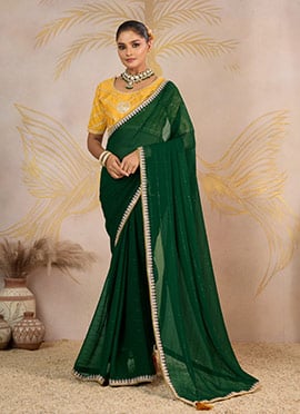 Green Faux Georgette Zari And Embroidered Sequins Saree Festive Wear