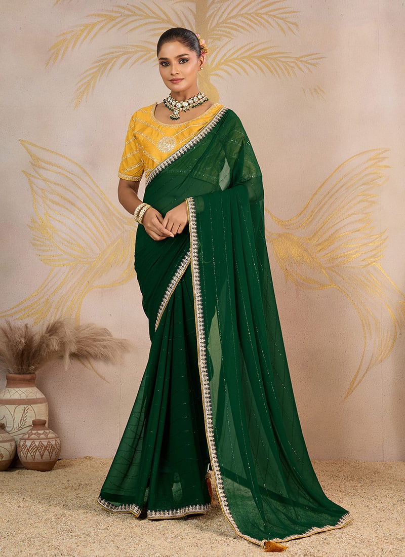 Green Faux Georgette Zari And Embroidered Sequins Saree Festive Wear