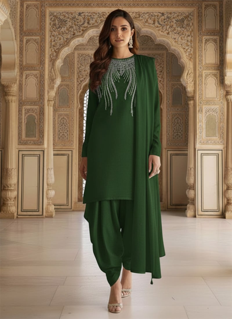 Green Faux Georgette Zari Beads Work Dhoti Style Salwar Suit Festive Wear