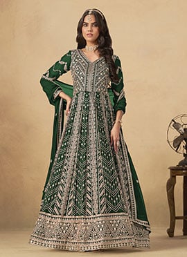 Green Faux Georgette Zari Embroidered Sequins A Line Anarkali Suit