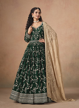 Green Faux Georgette Zari Embroidered Sequins Anarkali Suit