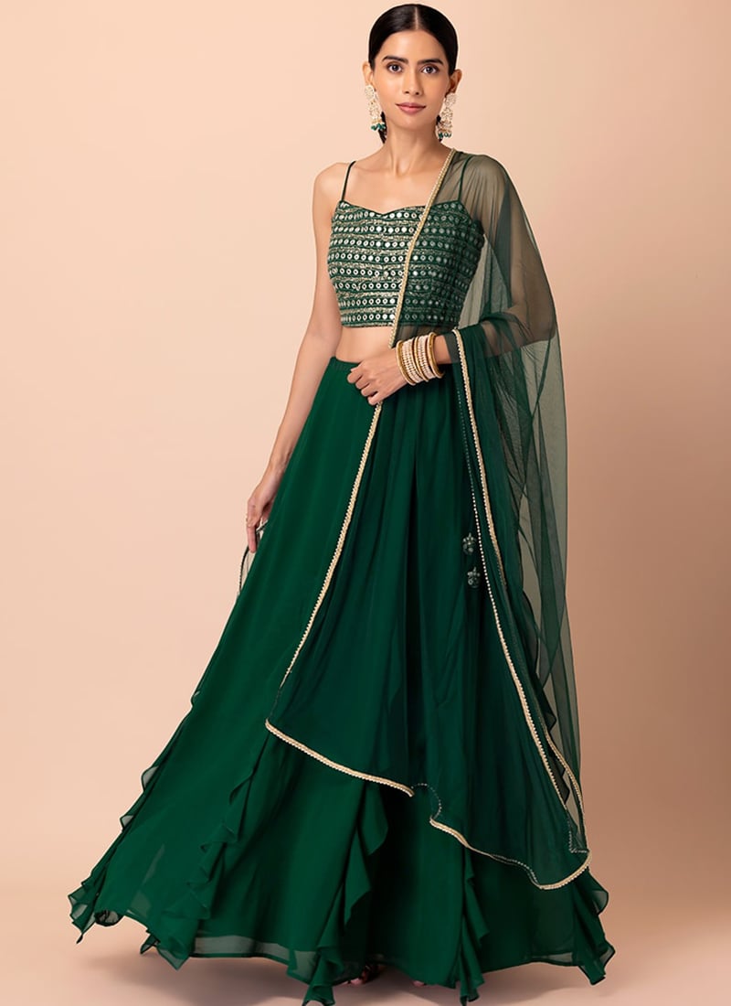 Green Faux Georgette Zari Embroidered Sequins Gorgeous Lehenga Festive Wear