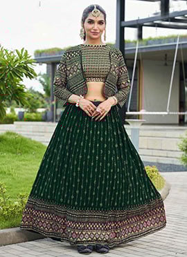 Green Faux Georgette Zari Embroidered Sequins Jacket Skirt Set