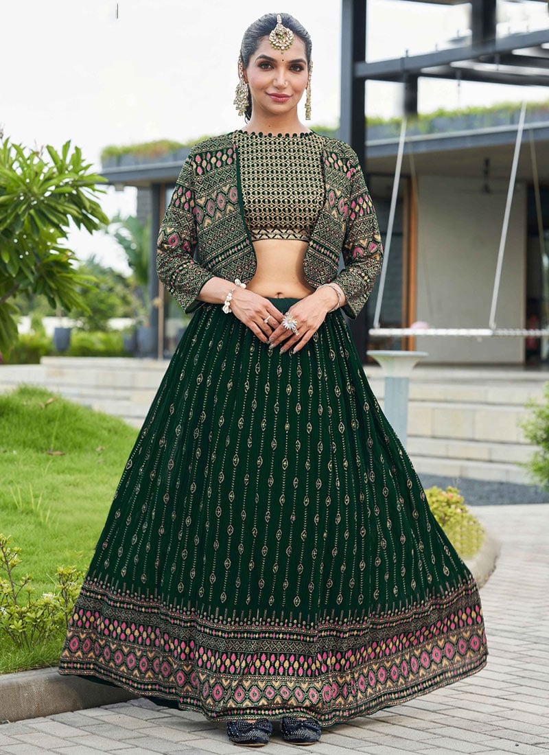Green Faux Georgette Zari Embroidered Sequins Jacket Skirt Set Wedding Wear