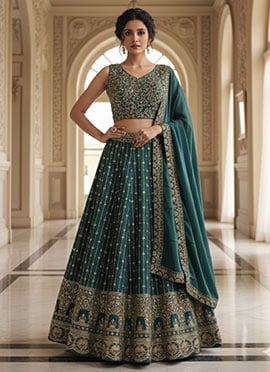 Green Faux Georgette Zari Embroidered Sequins Lehenga