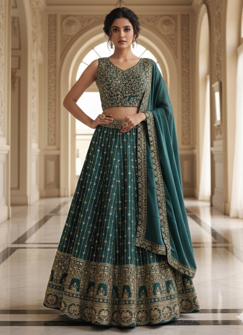 Green Faux Georgette Zari Embroidered Sequins Lehenga Wedding Wear