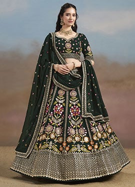 Green Faux Georgette Zari Embroidered Sequins Lehenga Wedding Wear