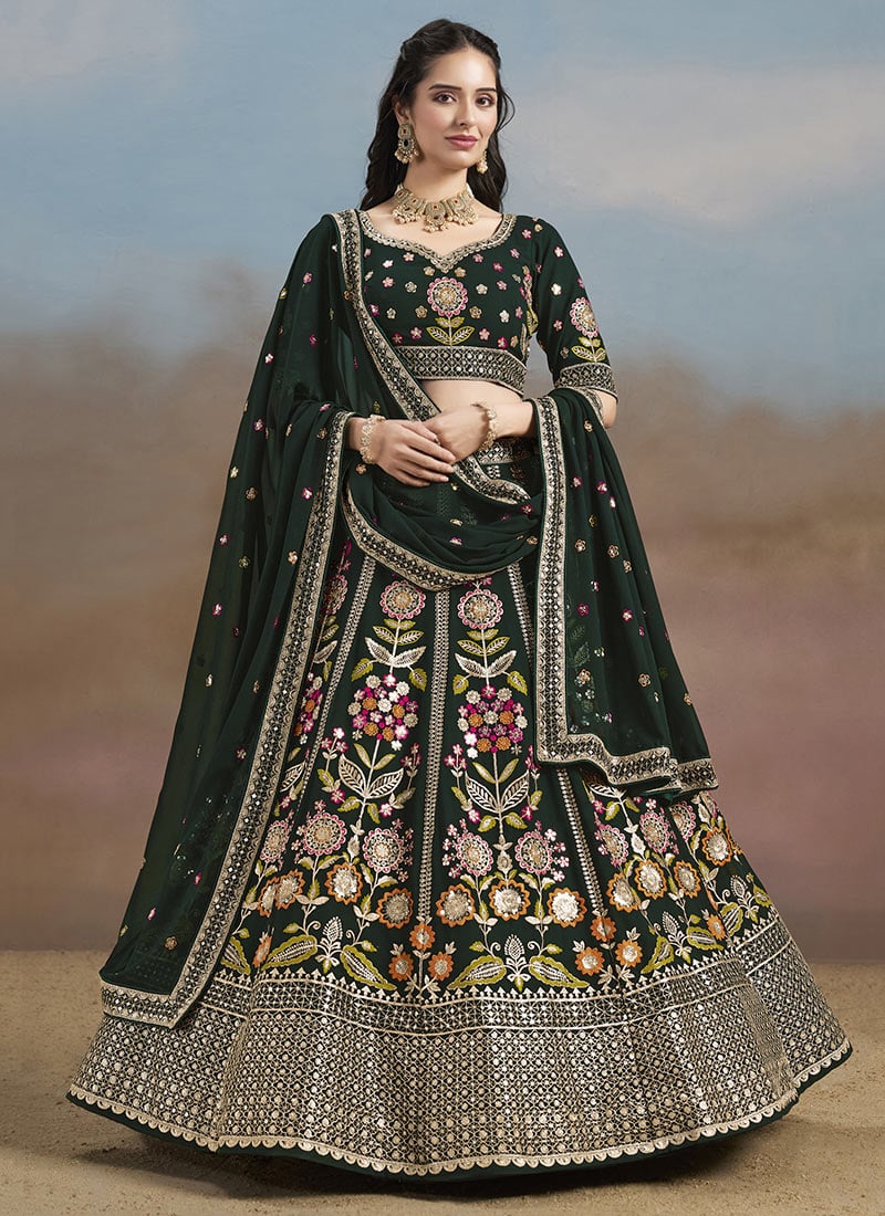 Green Faux Georgette Zari Embroidered Sequins Lehenga
