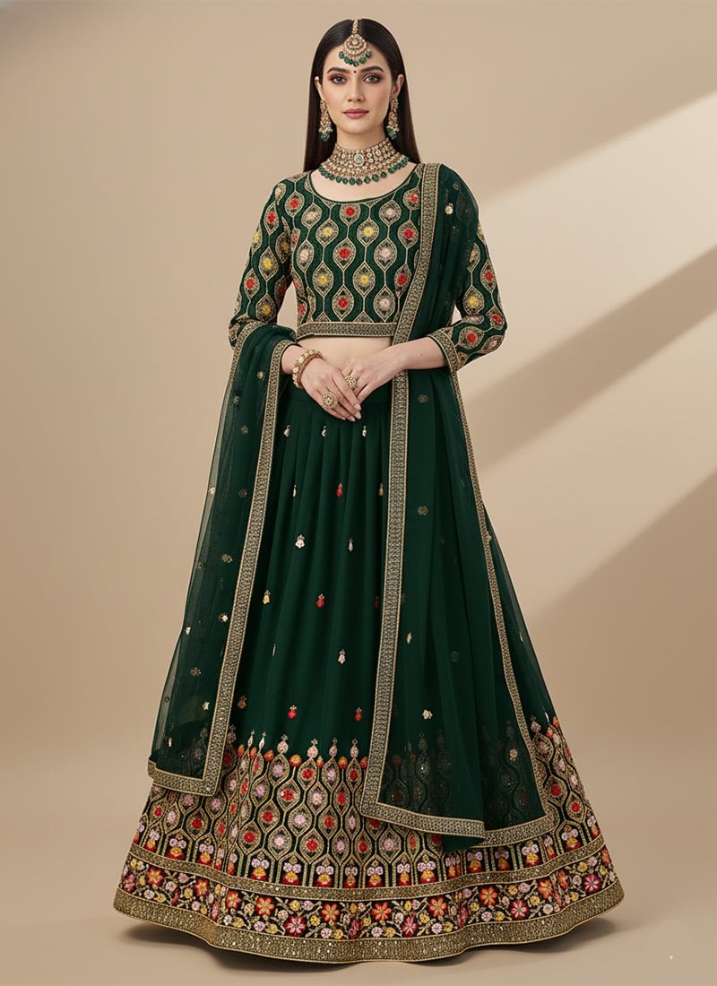 Green Faux Georgette Zari Embroidered Sequins Lehenga Festive Wear