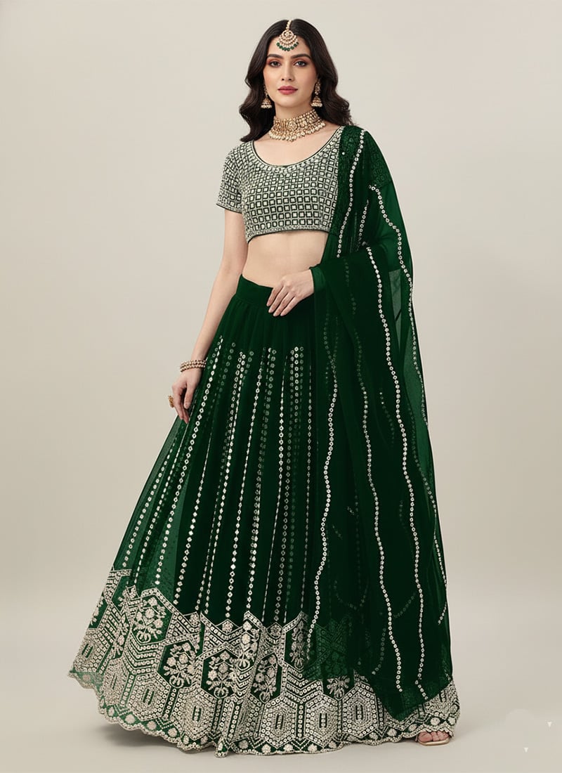 Green Faux Georgette Zari Embroidered Sequins Lehenga Festive Wear
