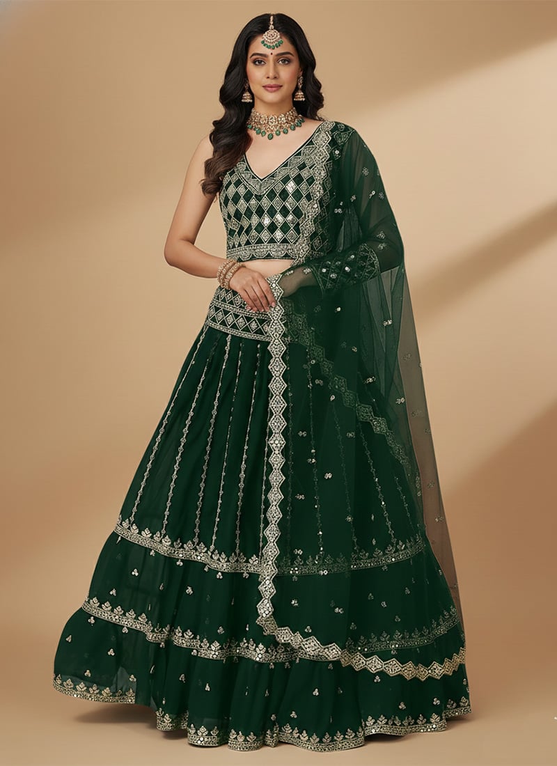 Green Faux Georgette Zari Embroidered Sequins Lehenga Festive Wear