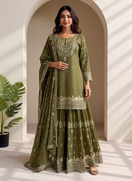 Green Georgette Zari Embroidered Sequins Palazzo Suit Festive Wear