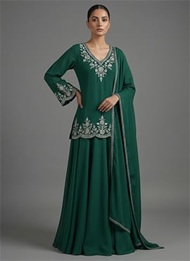 Green Faux Georgette Zari Foil Embroidered A Line Lehenga